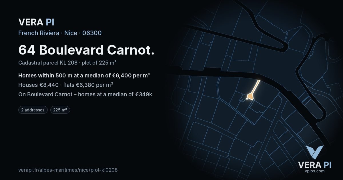 64 Boulevard Carnot, Nice at night – the plot lit, the parcels around coloured by the prices near them