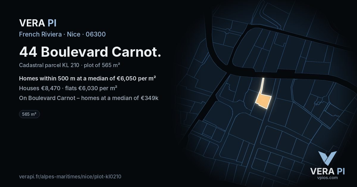 44 Boulevard Carnot, Nice at night – the plot lit, the parcels around coloured by the prices near them