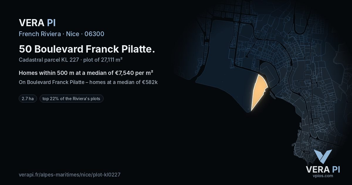 50 Boulevard Franck Pilatte, Nice at night – the plot lit, the parcels around coloured by the prices near them