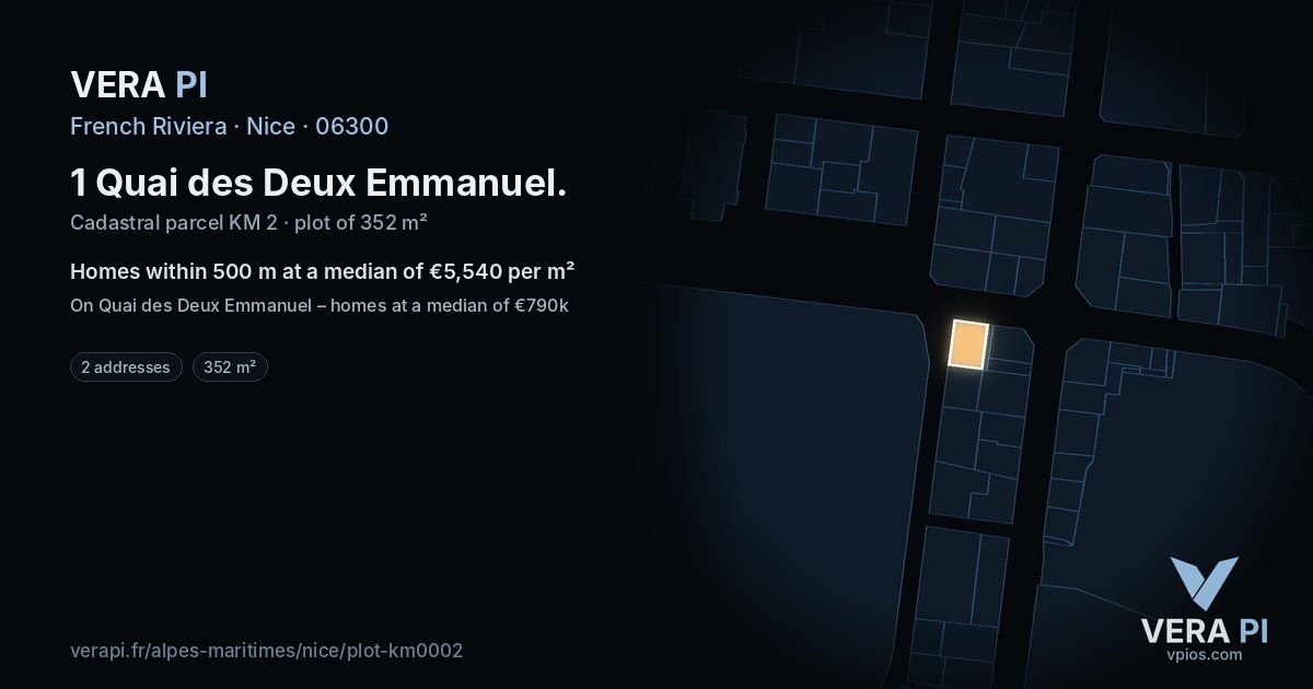 1 Quai des Deux Emmanuel, Nice at night – the plot lit, the parcels around coloured by the prices near them