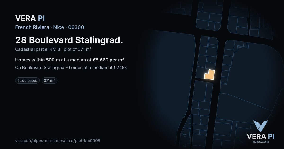28 Boulevard Stalingrad, Nice at night – the plot lit, the parcels around coloured by the prices near them