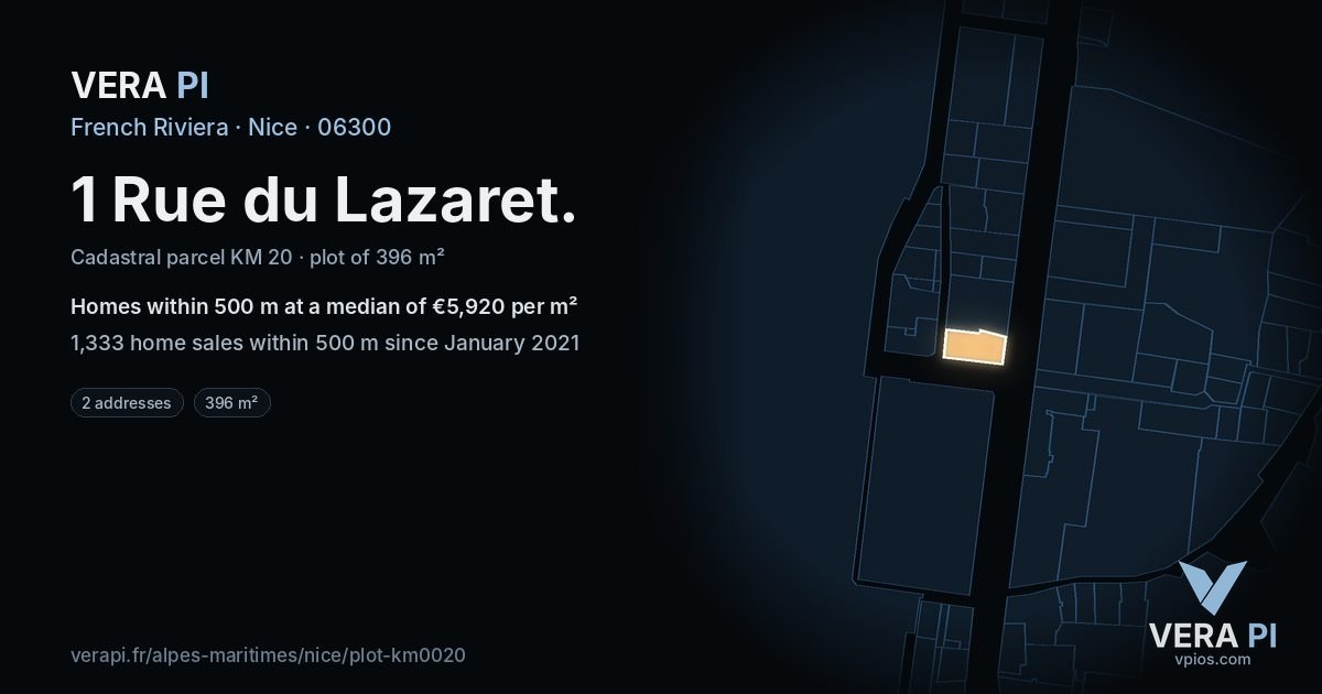 1 Rue du Lazaret, Nice at night – the plot lit, the parcels around coloured by the prices near them