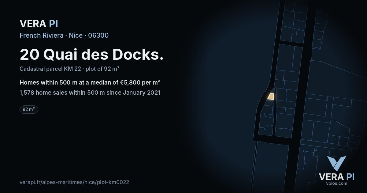 20 Quai des Docks, Nice at night – the plot lit, the parcels around coloured by the prices near them
