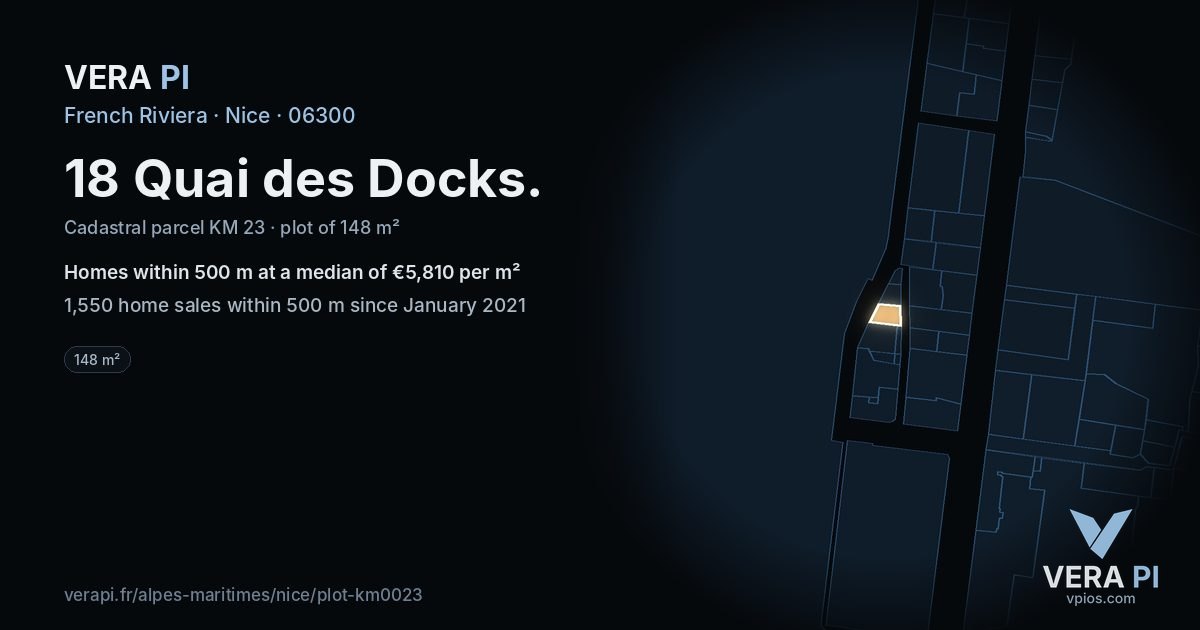 18 Quai des Docks, Nice at night – the plot lit, the parcels around coloured by the prices near them