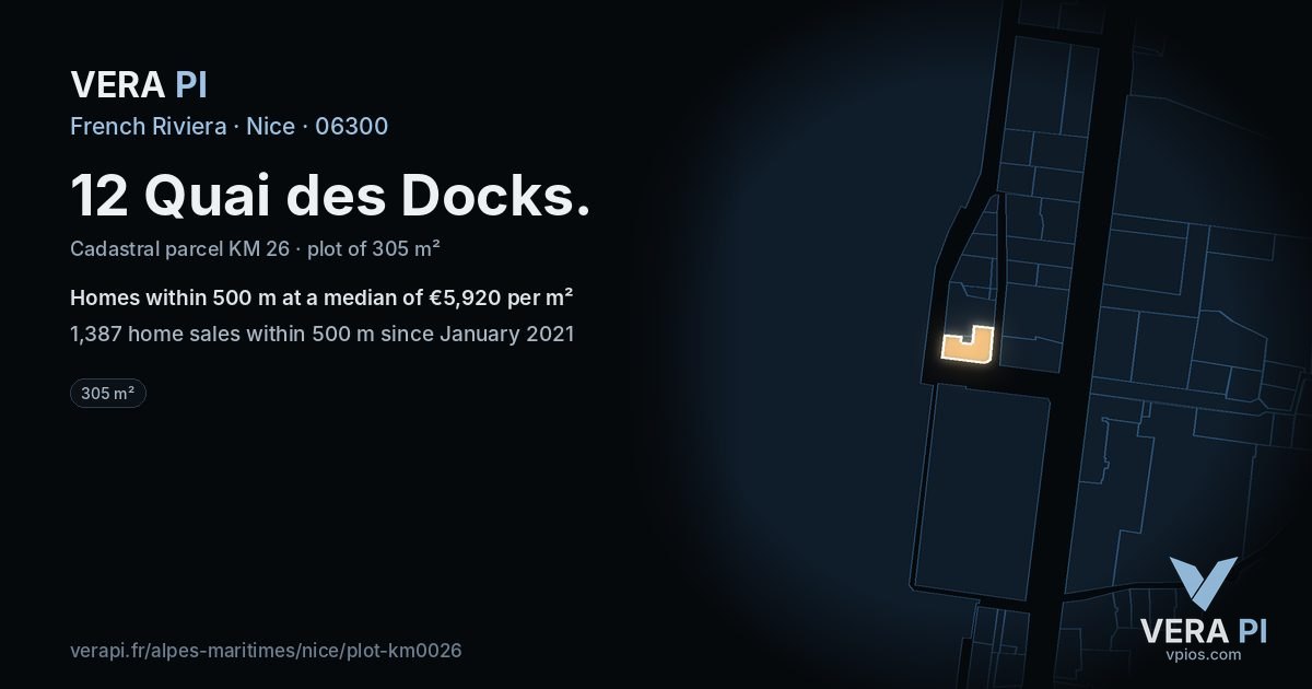 12 Quai des Docks, Nice at night – the plot lit, the parcels around coloured by the prices near them