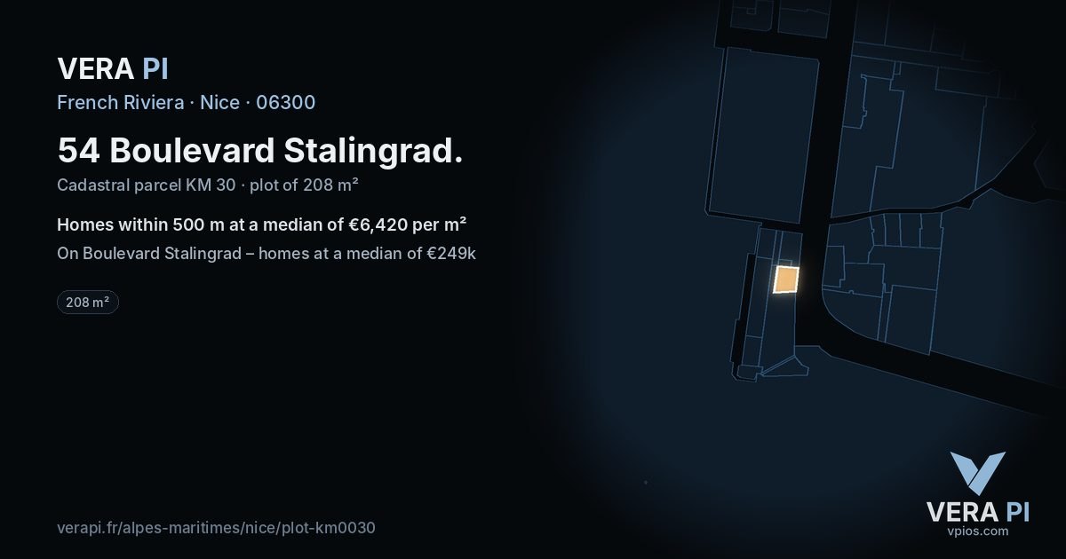 54 Boulevard Stalingrad, Nice at night – the plot lit, the parcels around coloured by the prices near them