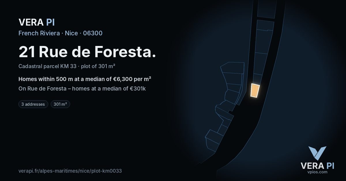 21 Rue de Foresta, Nice at night – the plot lit, the parcels around coloured by the prices near them