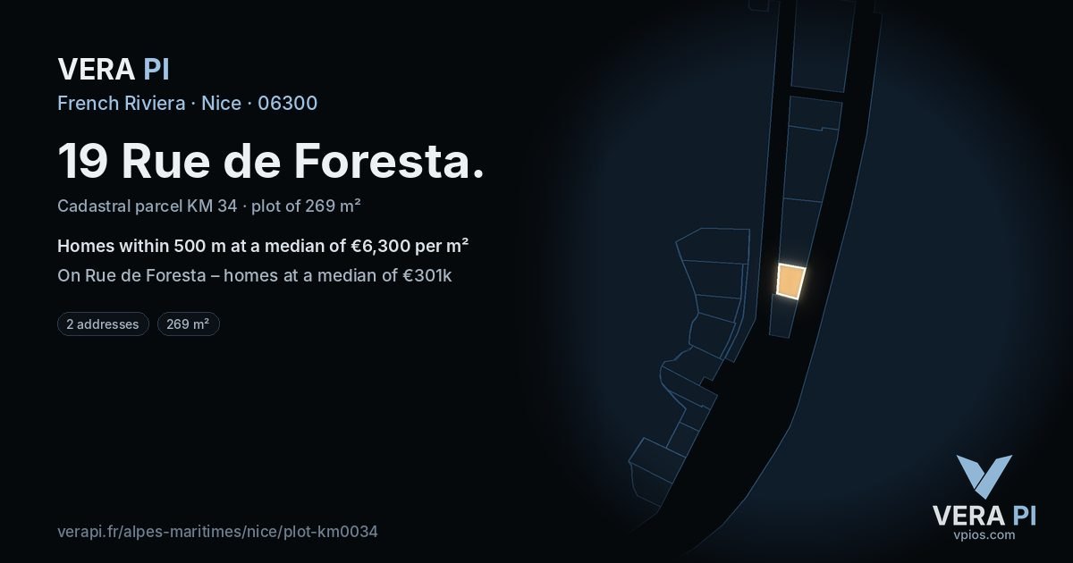 19 Rue de Foresta, Nice at night – the plot lit, the parcels around coloured by the prices near them