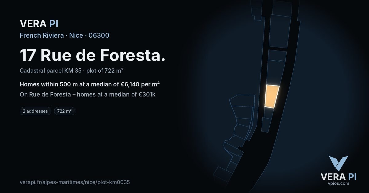 17 Rue de Foresta, Nice at night – the plot lit, the parcels around coloured by the prices near them