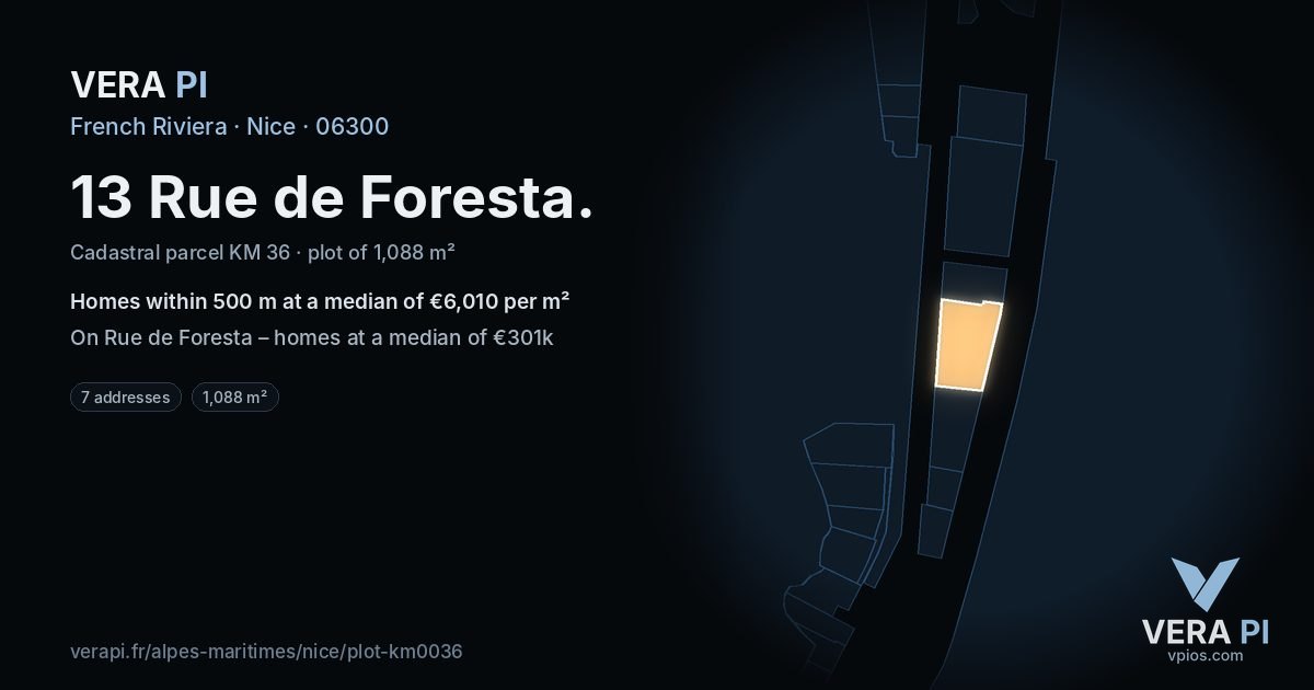 13 Rue de Foresta, Nice at night – the plot lit, the parcels around coloured by the prices near them