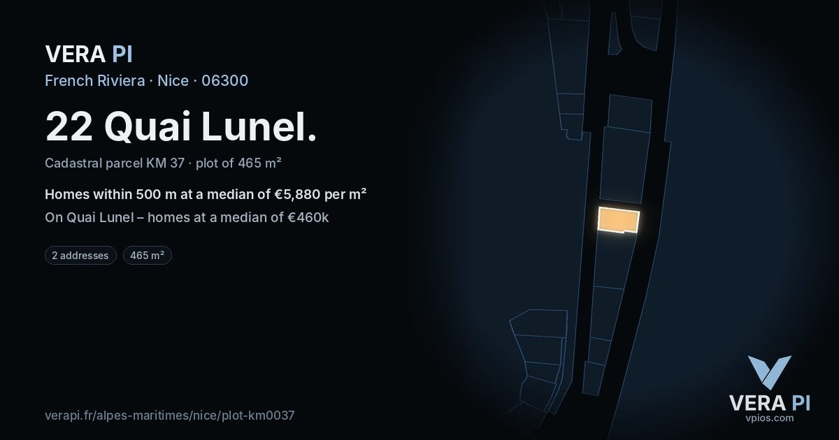 22 Quai Lunel, Nice at night – the plot lit, the parcels around coloured by the prices near them