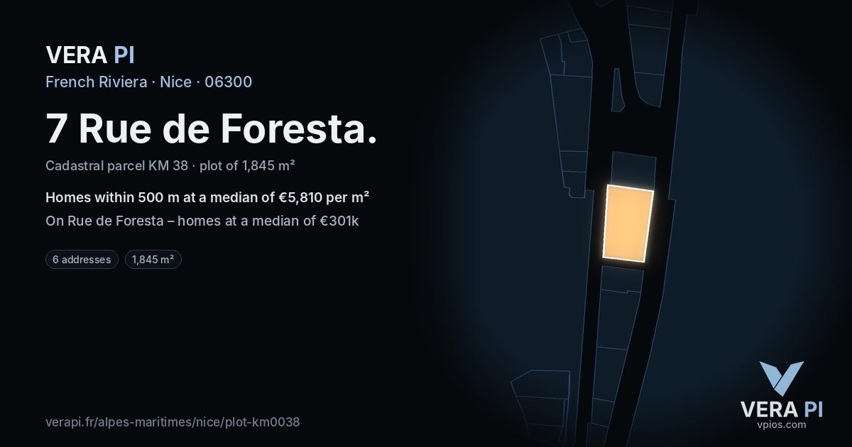 7 Rue de Foresta, Nice at night – the plot lit, the parcels around coloured by the prices near them