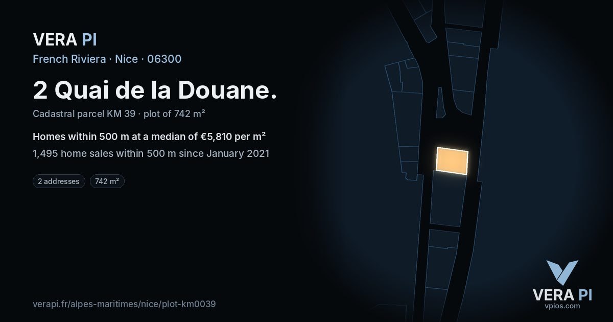 2 Quai de la Douane, Nice at night – the plot lit, the parcels around coloured by the prices near them