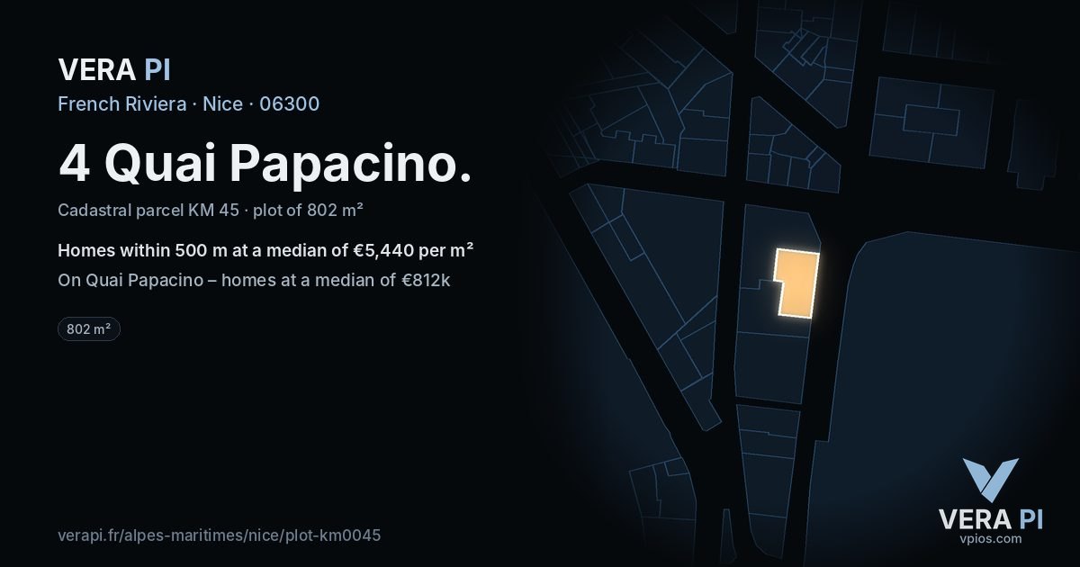 4 Quai Papacino, Nice at night – the plot lit, the parcels around coloured by the prices near them