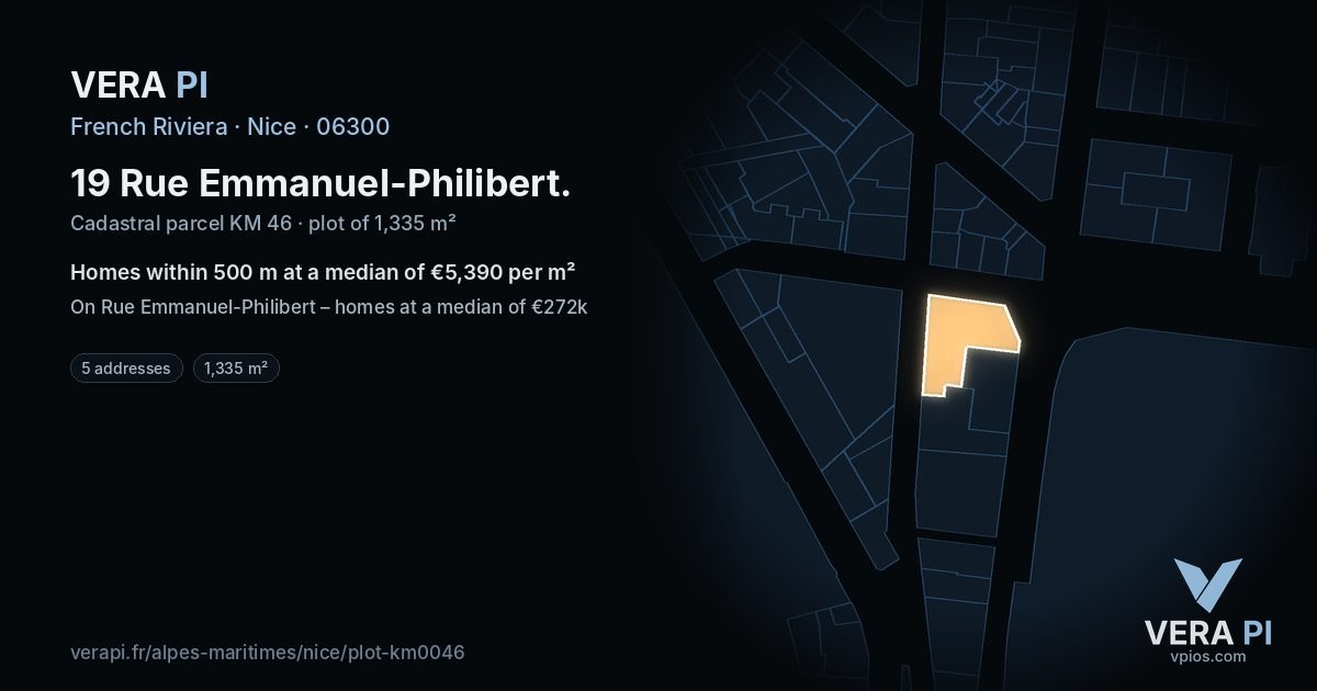 19 Rue Emmanuel-Philibert, Nice at night – the plot lit, the parcels around coloured by the prices near them