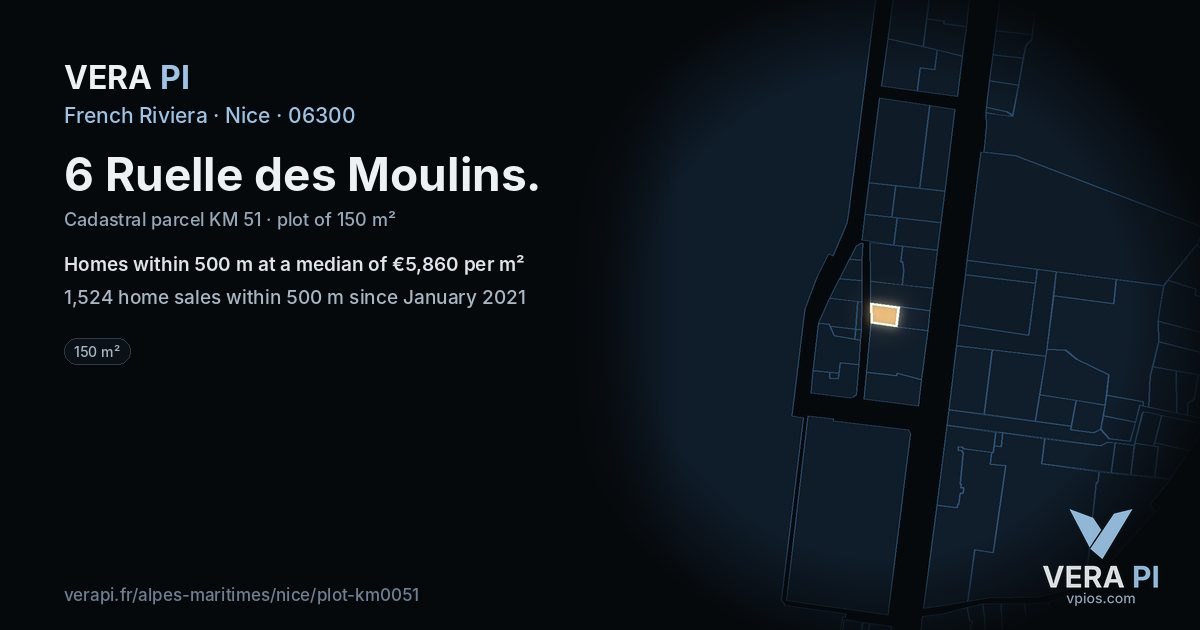 6 Ruelle des Moulins, Nice at night – the plot lit, the parcels around coloured by the prices near them