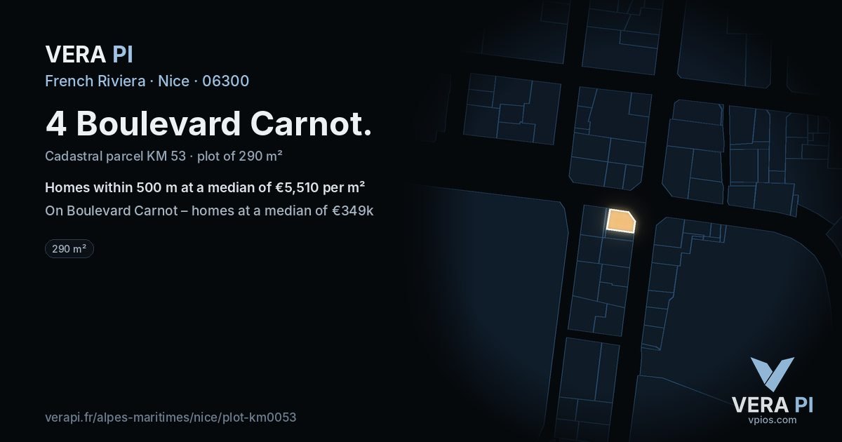 4 Boulevard Carnot, Nice at night – the plot lit, the parcels around coloured by the prices near them