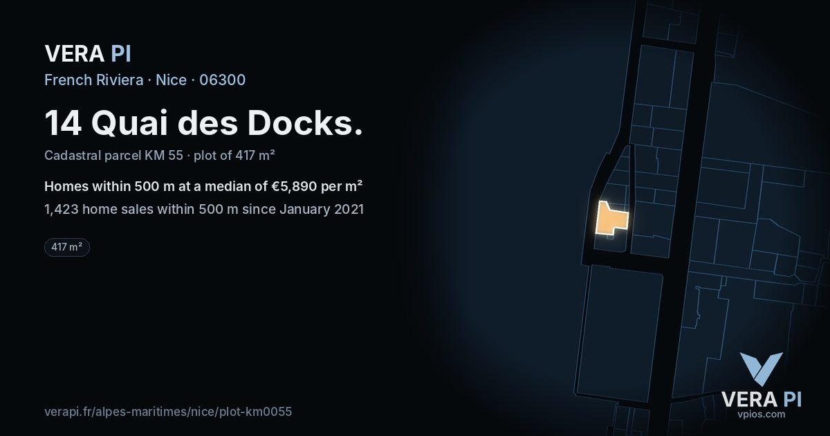 14 Quai des Docks, Nice at night – the plot lit, the parcels around coloured by the prices near them