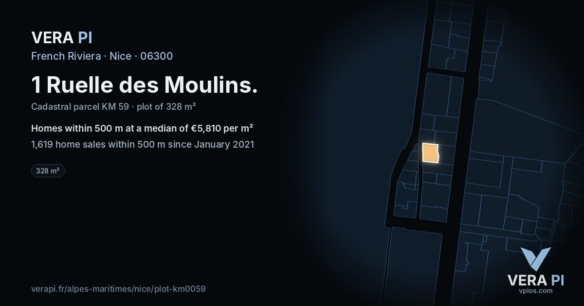 1 Ruelle des Moulins, Nice at night – the plot lit, the parcels around coloured by the prices near them