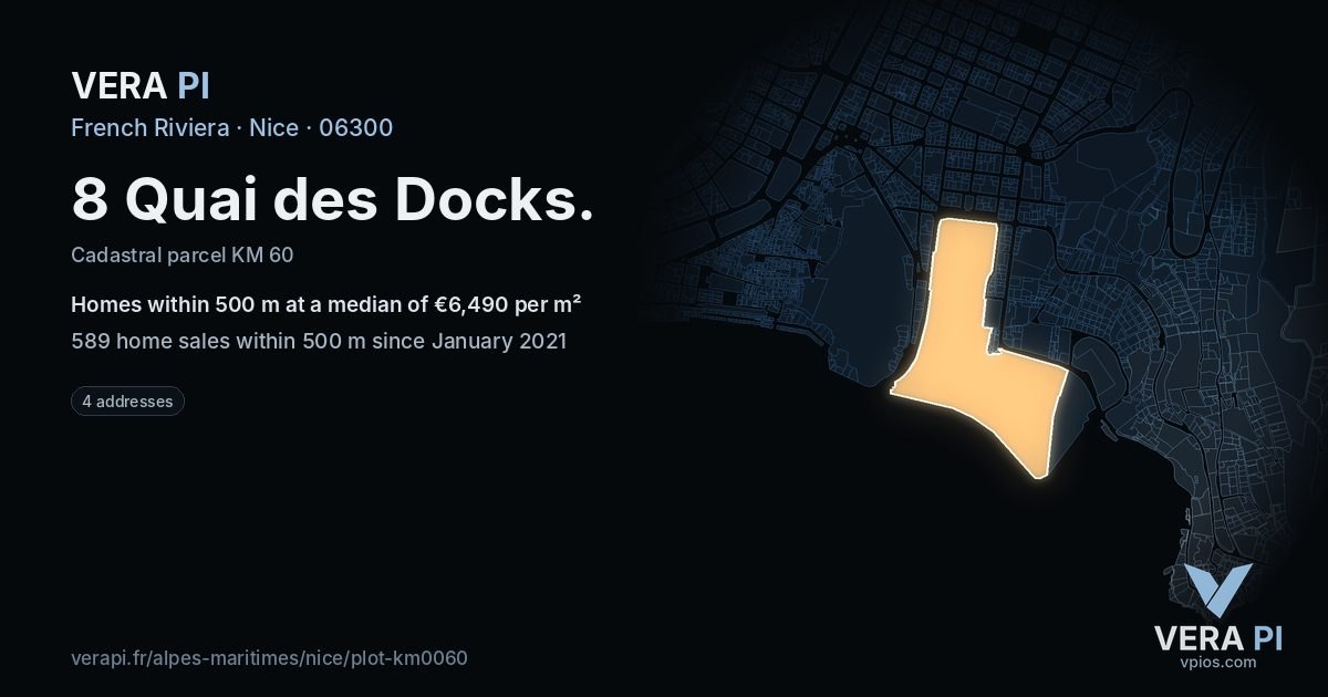 8 Quai des Docks, Nice at night – the plot lit, the parcels around coloured by the prices near them