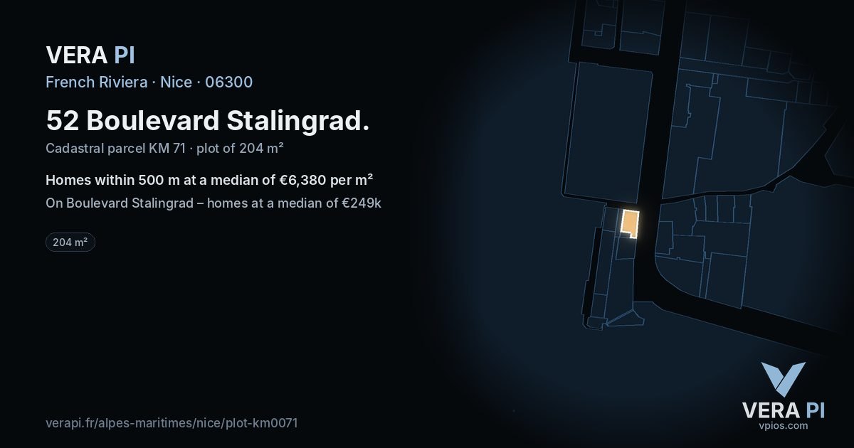 52 Boulevard Stalingrad, Nice at night – the plot lit, the parcels around coloured by the prices near them