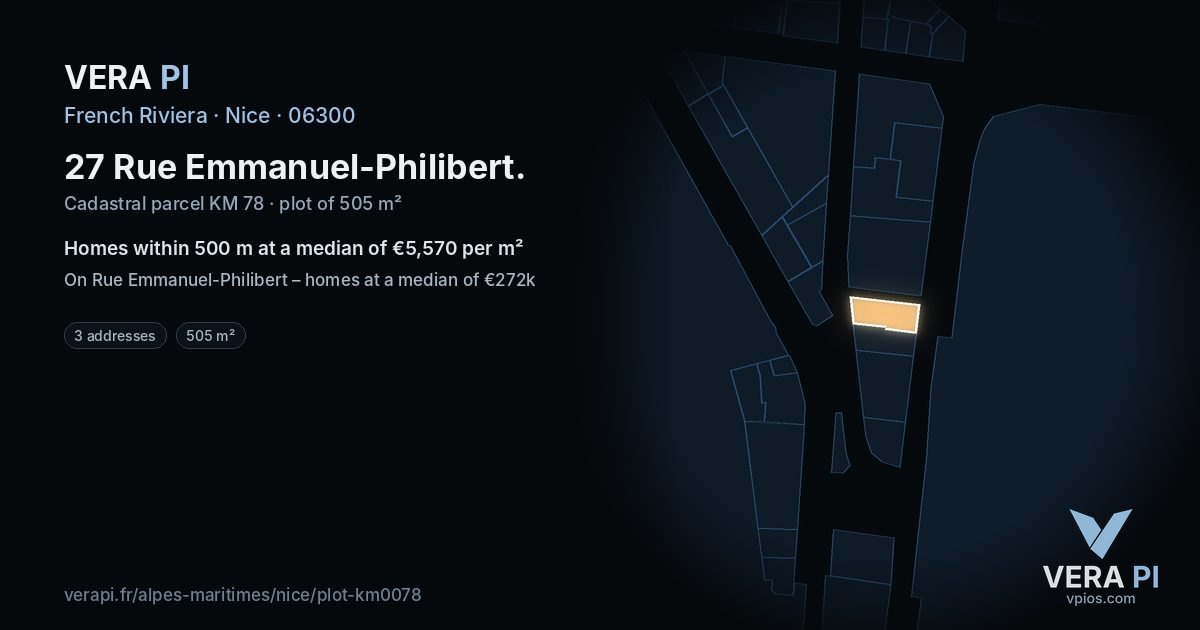 27 Rue Emmanuel-Philibert, Nice at night – the plot lit, the parcels around coloured by the prices near them