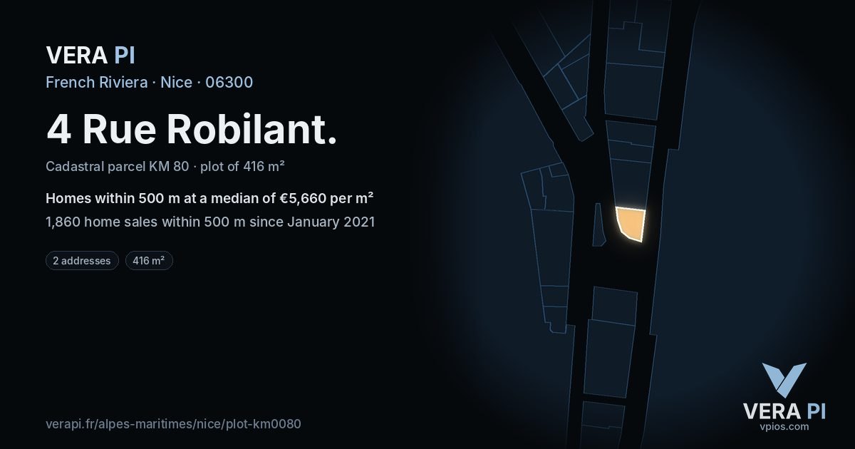 4 Rue Robilant, Nice at night – the plot lit, the parcels around coloured by the prices near them