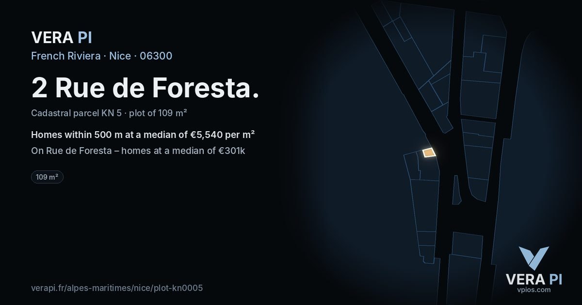 2 Rue de Foresta, Nice at night – the plot lit, the parcels around coloured by the prices near them