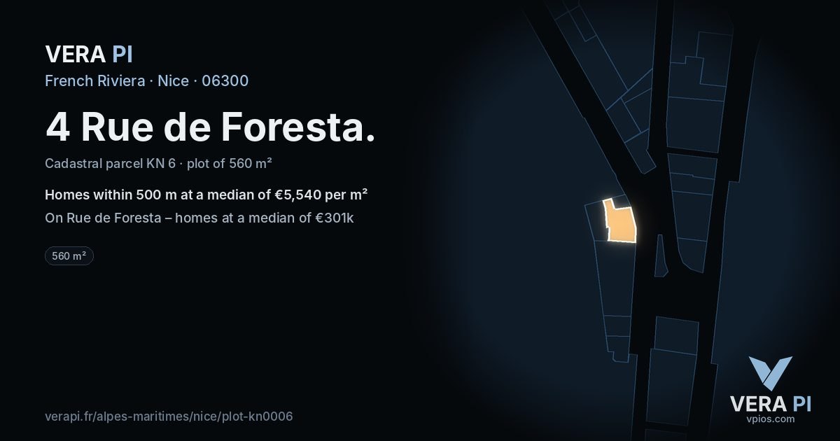 4 Rue de Foresta, Nice at night – the plot lit, the parcels around coloured by the prices near them