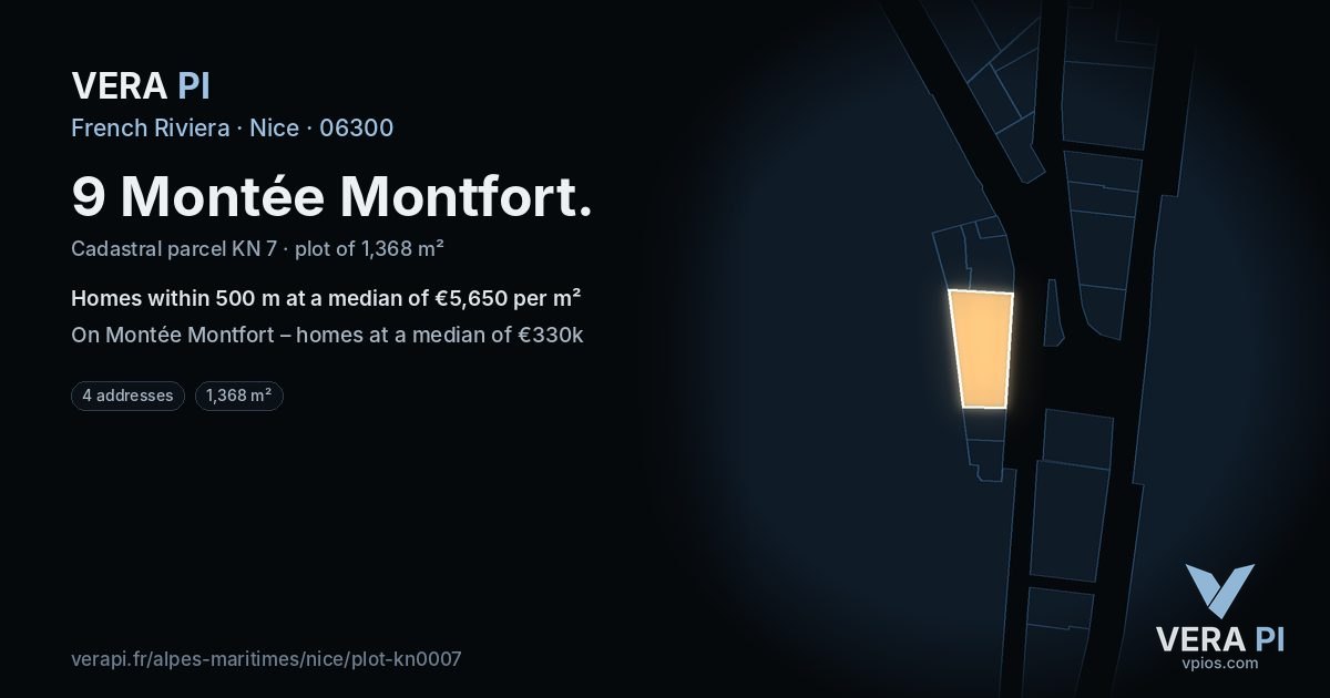 9 Montée Montfort, Nice at night – the plot lit, the parcels around coloured by the prices near them