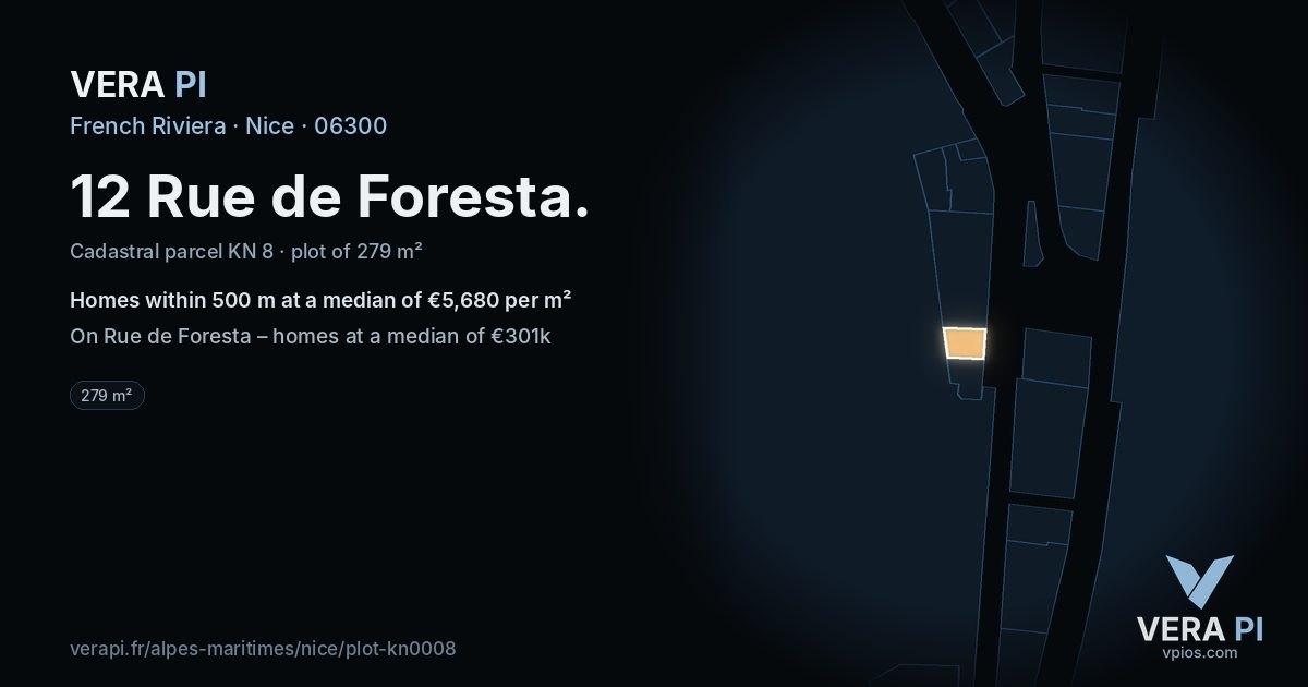12 Rue de Foresta, Nice at night – the plot lit, the parcels around coloured by the prices near them