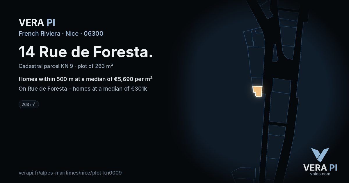14 Rue de Foresta, Nice at night – the plot lit, the parcels around coloured by the prices near them