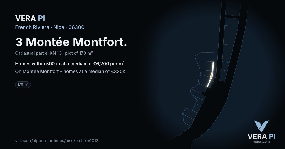3 Montée Montfort, Nice at night – the plot lit, the parcels around coloured by the prices near them