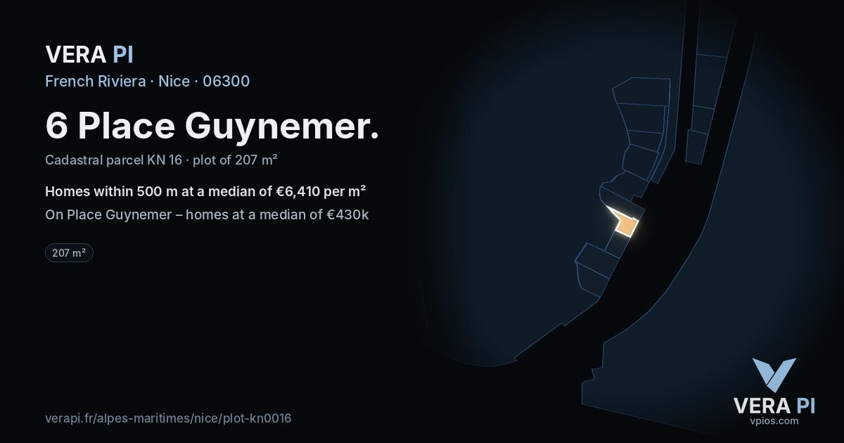 6 Place Guynemer, Nice at night – the plot lit, the parcels around coloured by the prices near them