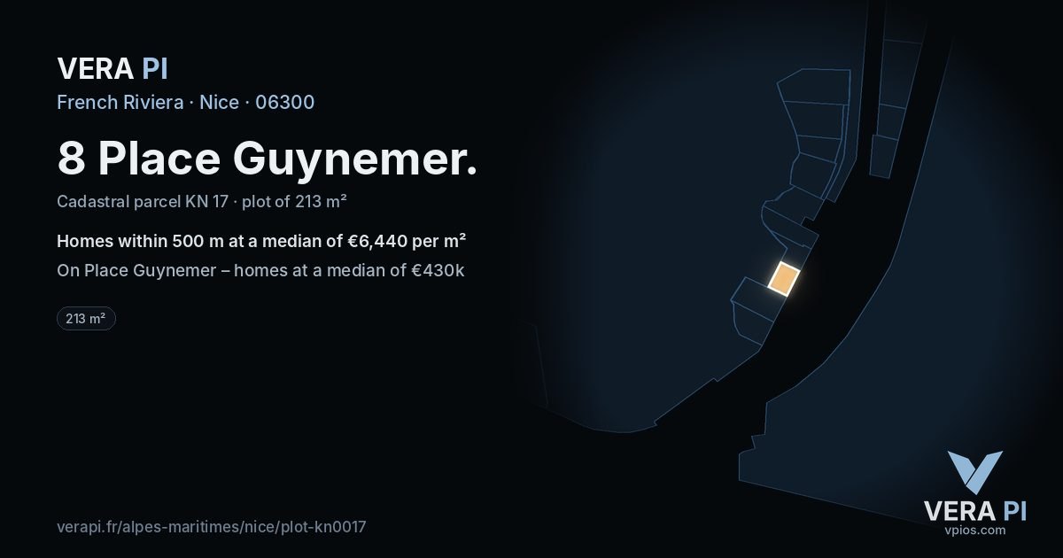 8 Place Guynemer, Nice at night – the plot lit, the parcels around coloured by the prices near them