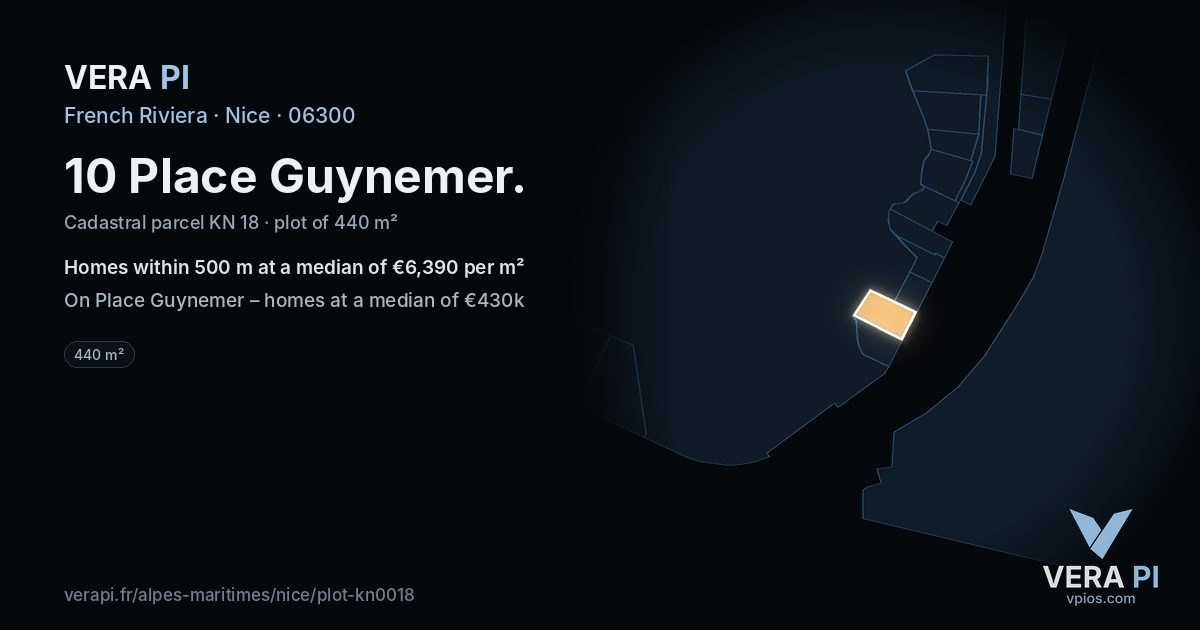 10 Place Guynemer, Nice at night – the plot lit, the parcels around coloured by the prices near them