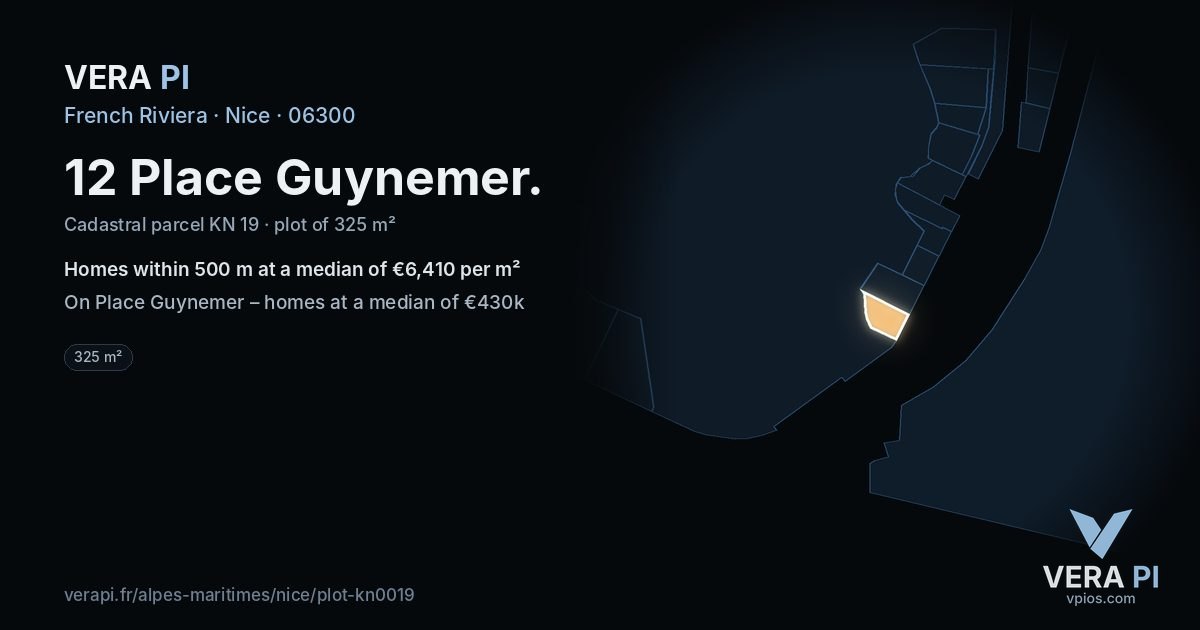 12 Place Guynemer, Nice at night – the plot lit, the parcels around coloured by the prices near them