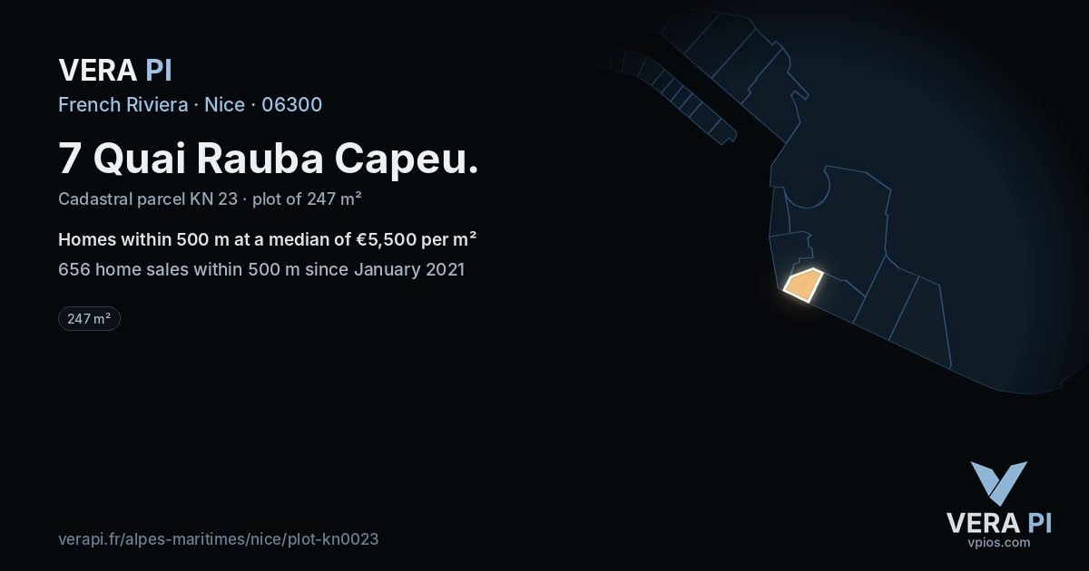 7 Quai Rauba Capeu, Nice at night – the plot lit, the parcels around coloured by the prices near them