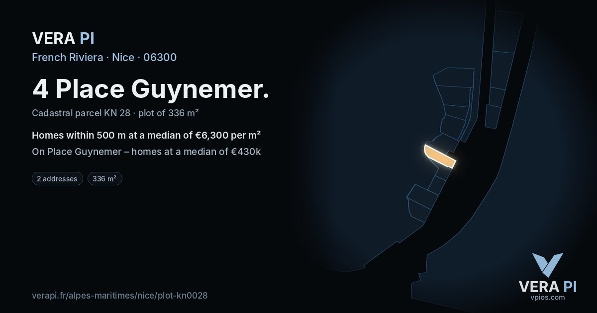4 Place Guynemer, Nice at night – the plot lit, the parcels around coloured by the prices near them