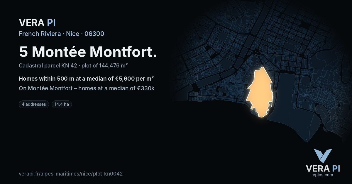 5 Montée Montfort, Nice at night – the plot lit, the parcels around coloured by the prices near them