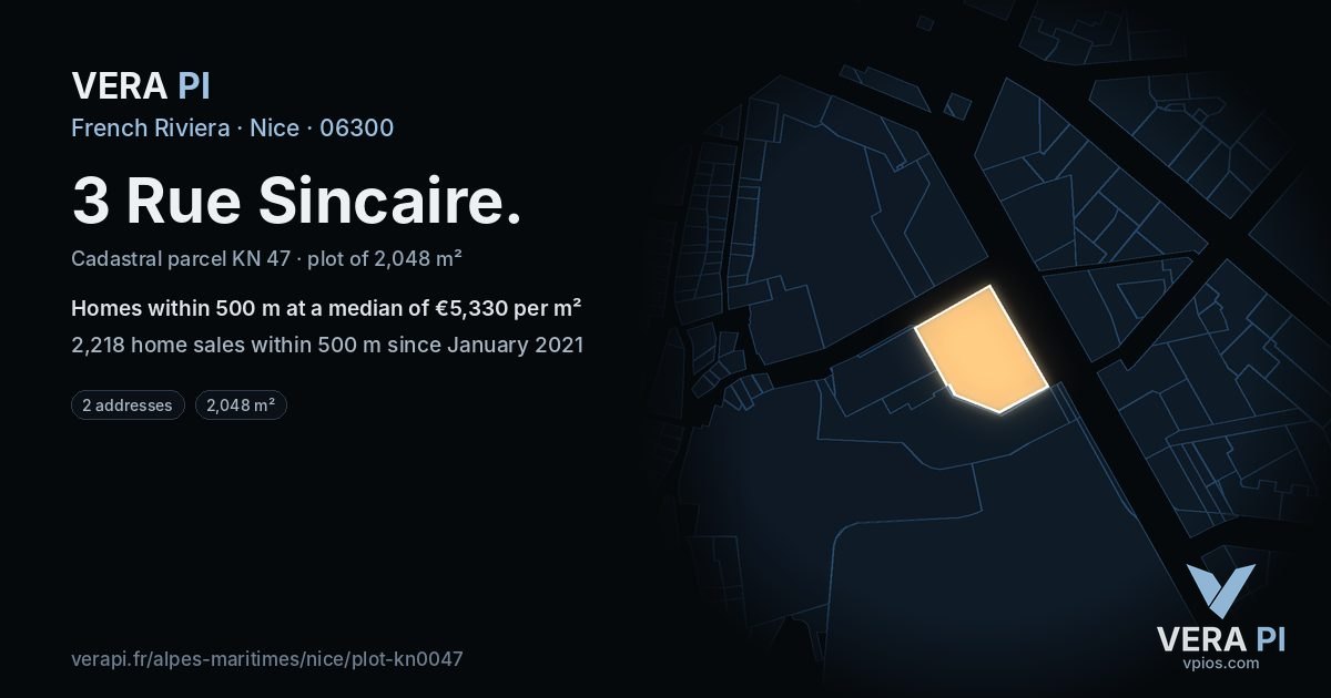 3 Rue Sincaire, Nice at night – the plot lit, the parcels around coloured by the prices near them