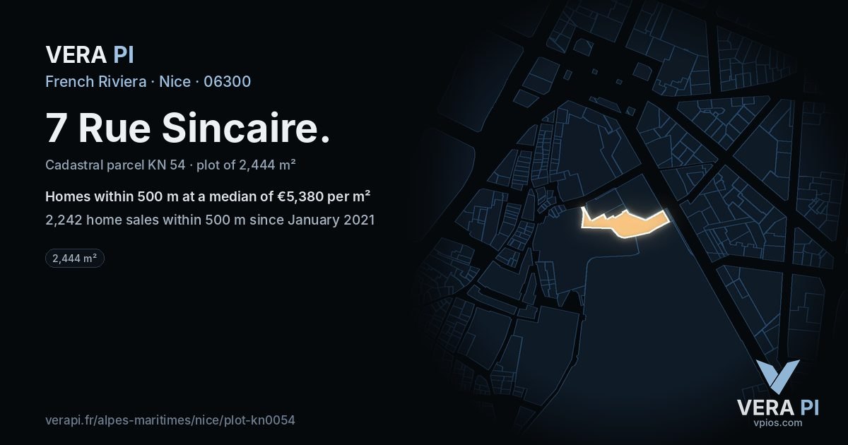 7 Rue Sincaire, Nice at night – the plot lit, the parcels around coloured by the prices near them
