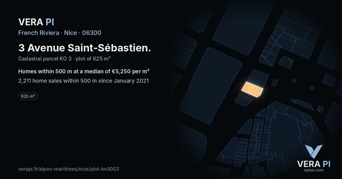 3 Avenue Saint-Sébastien, Nice at night – the plot lit, the parcels around coloured by the prices near them