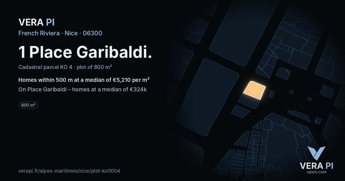 1 Place Garibaldi, Nice at night – the plot lit, the parcels around coloured by the prices near them