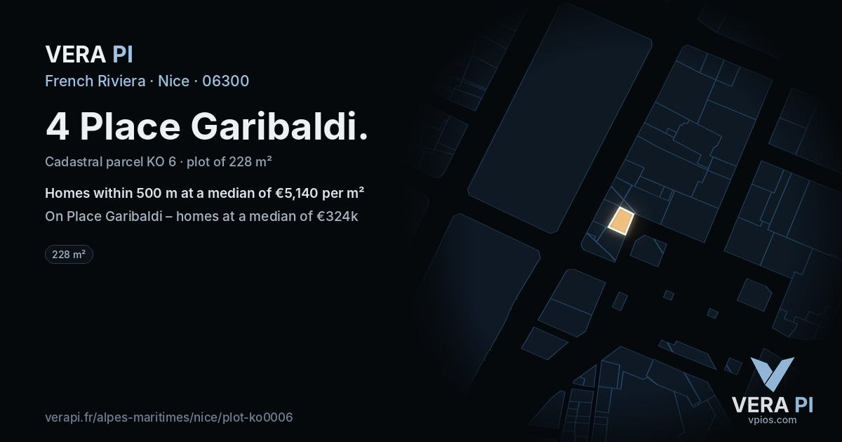 4 Place Garibaldi, Nice at night – the plot lit, the parcels around coloured by the prices near them