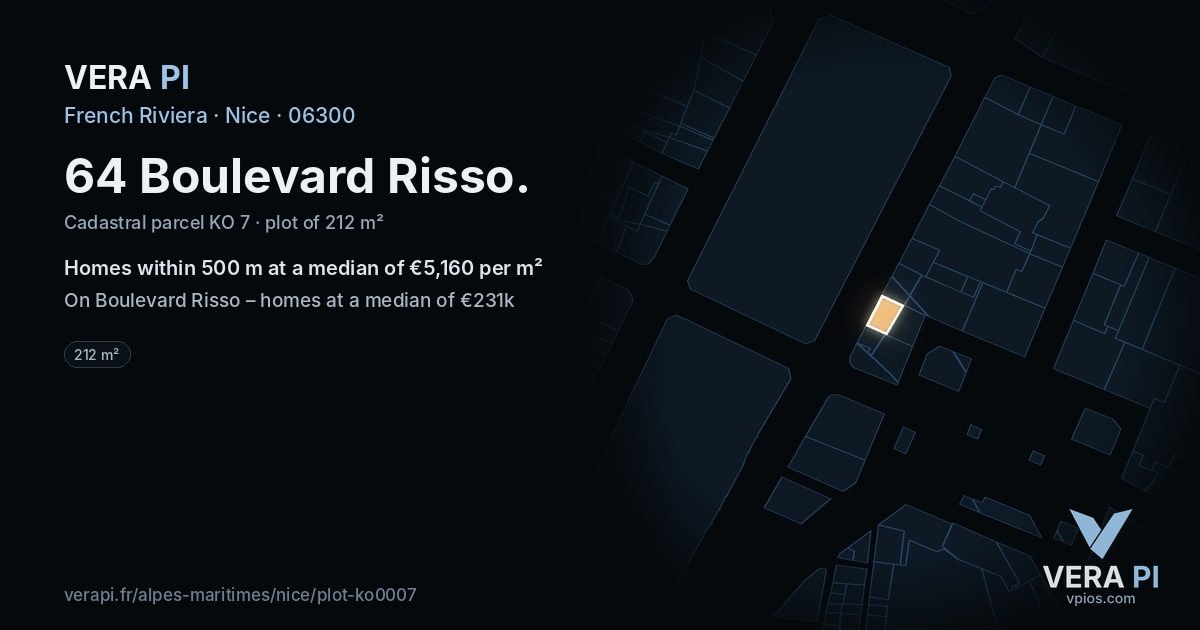 64 Boulevard Risso, Nice at night – the plot lit, the parcels around coloured by the prices near them