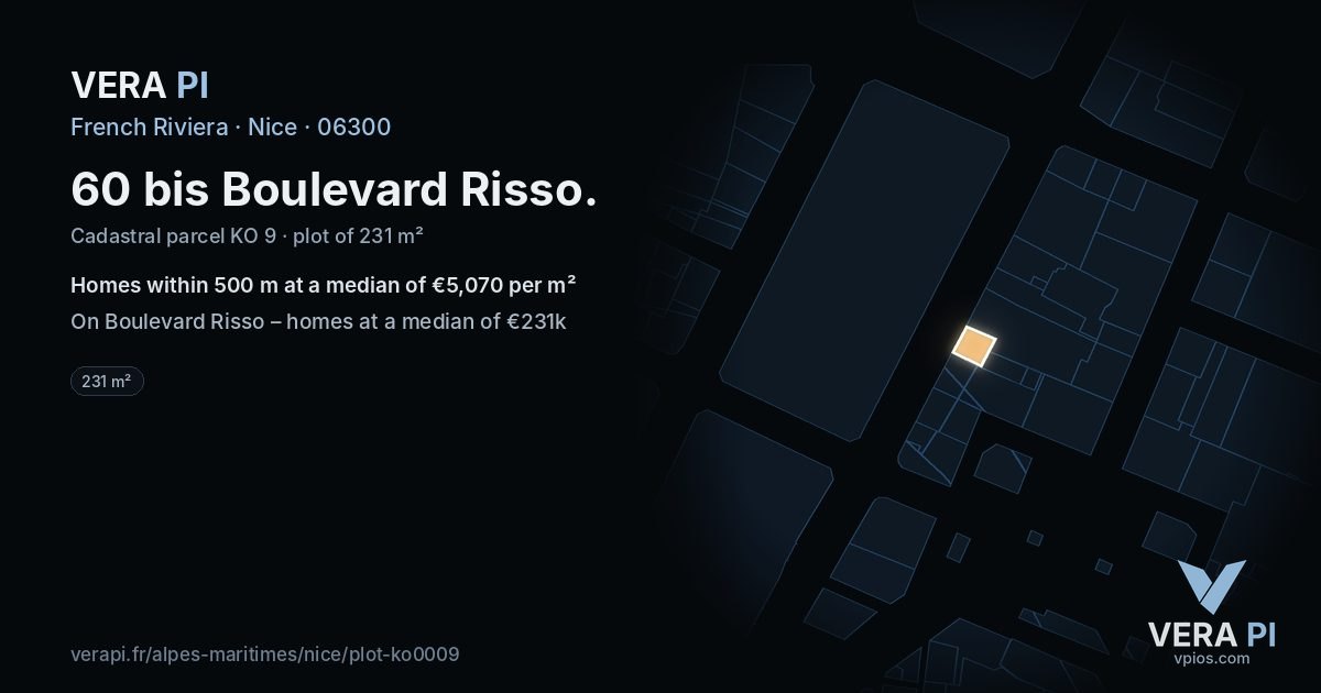 60 bis Boulevard Risso, Nice at night – the plot lit, the parcels around coloured by the prices near them