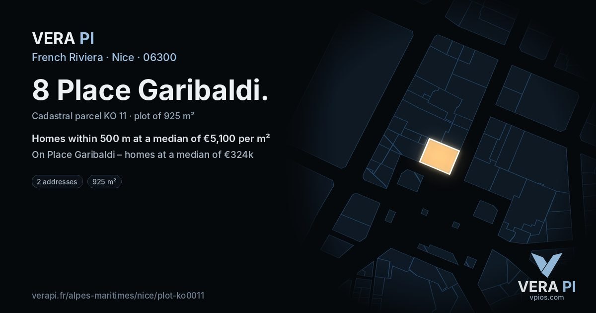 8 Place Garibaldi, Nice at night – the plot lit, the parcels around coloured by the prices near them