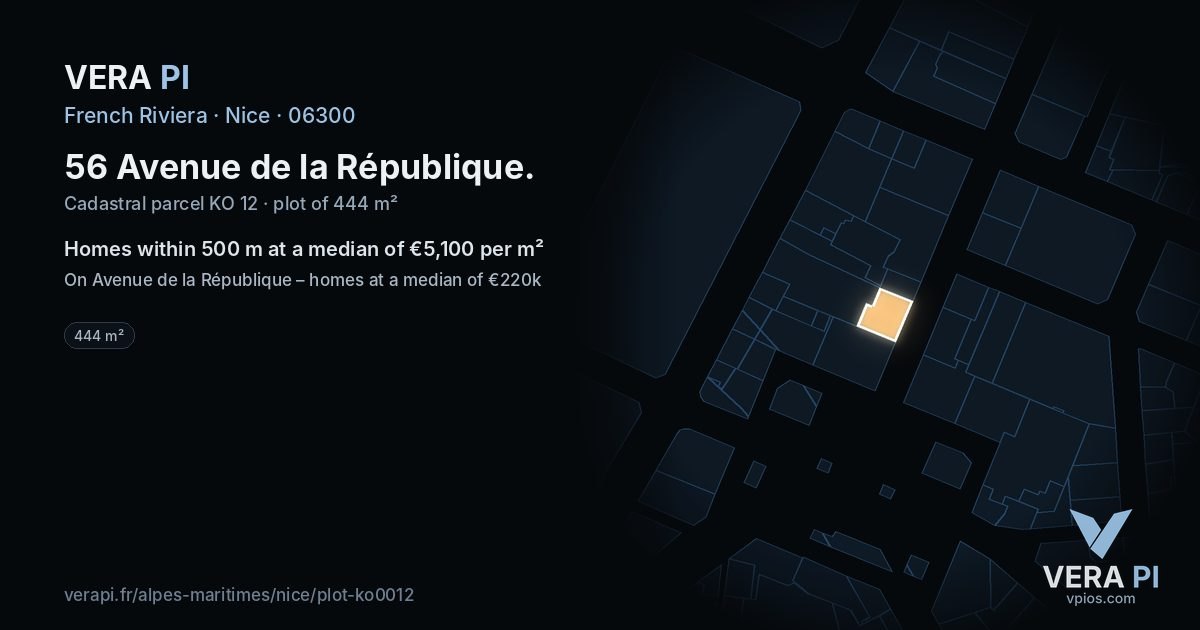 56 Avenue de la République, Nice at night – the plot lit, the parcels around coloured by the prices near them