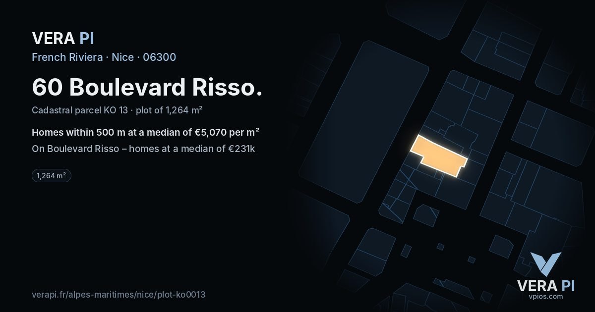 60 Boulevard Risso, Nice at night – the plot lit, the parcels around coloured by the prices near them